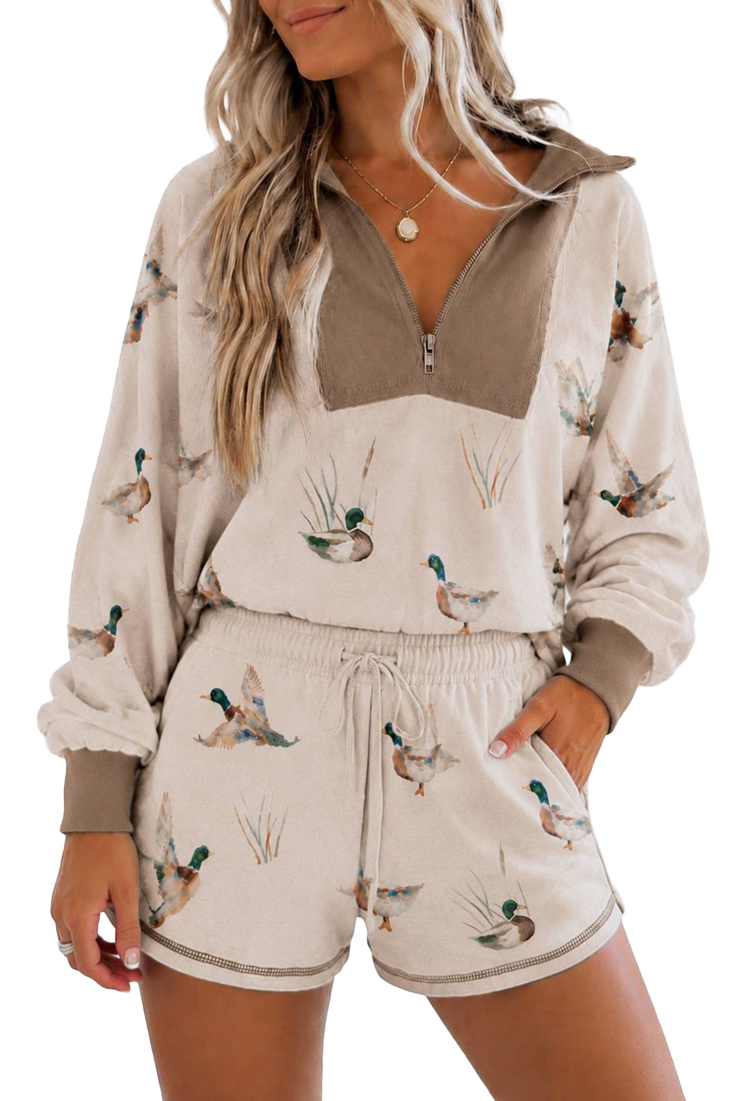 Khaki Mallard Print Color Block Patchwork Zip Pullover and Shorts Set