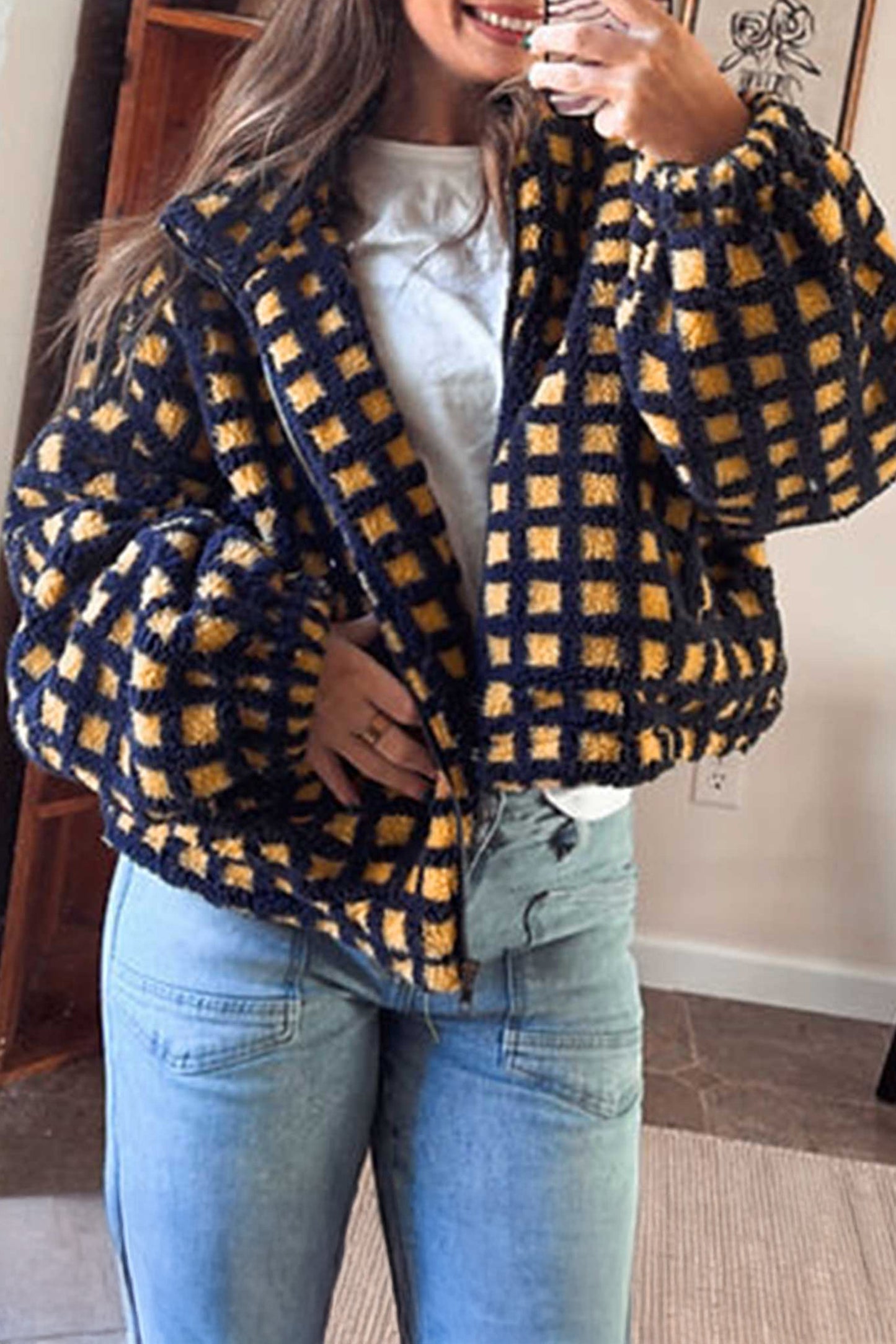 Blue Plaid Sherpa Fleece Zip Up Jacket