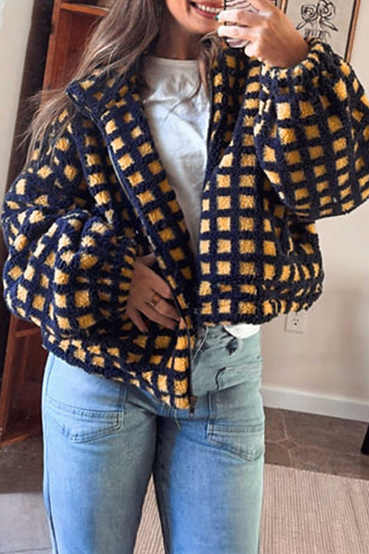 Blue Plaid Sherpa Fleece Zip Up Jacket