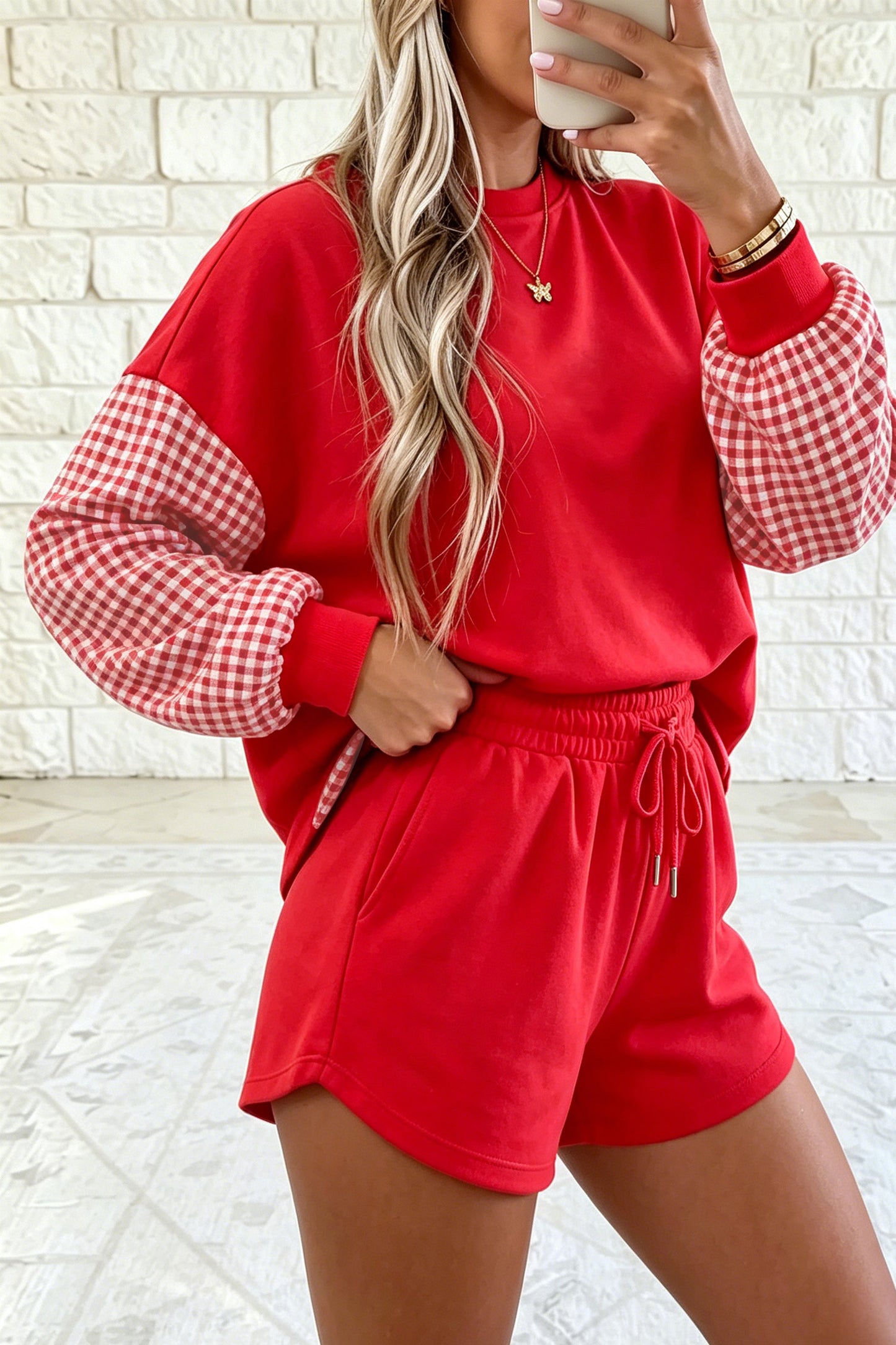 Blue Plaid Patchwork Long Sleeve Top Solid Drawstring Shorts Set