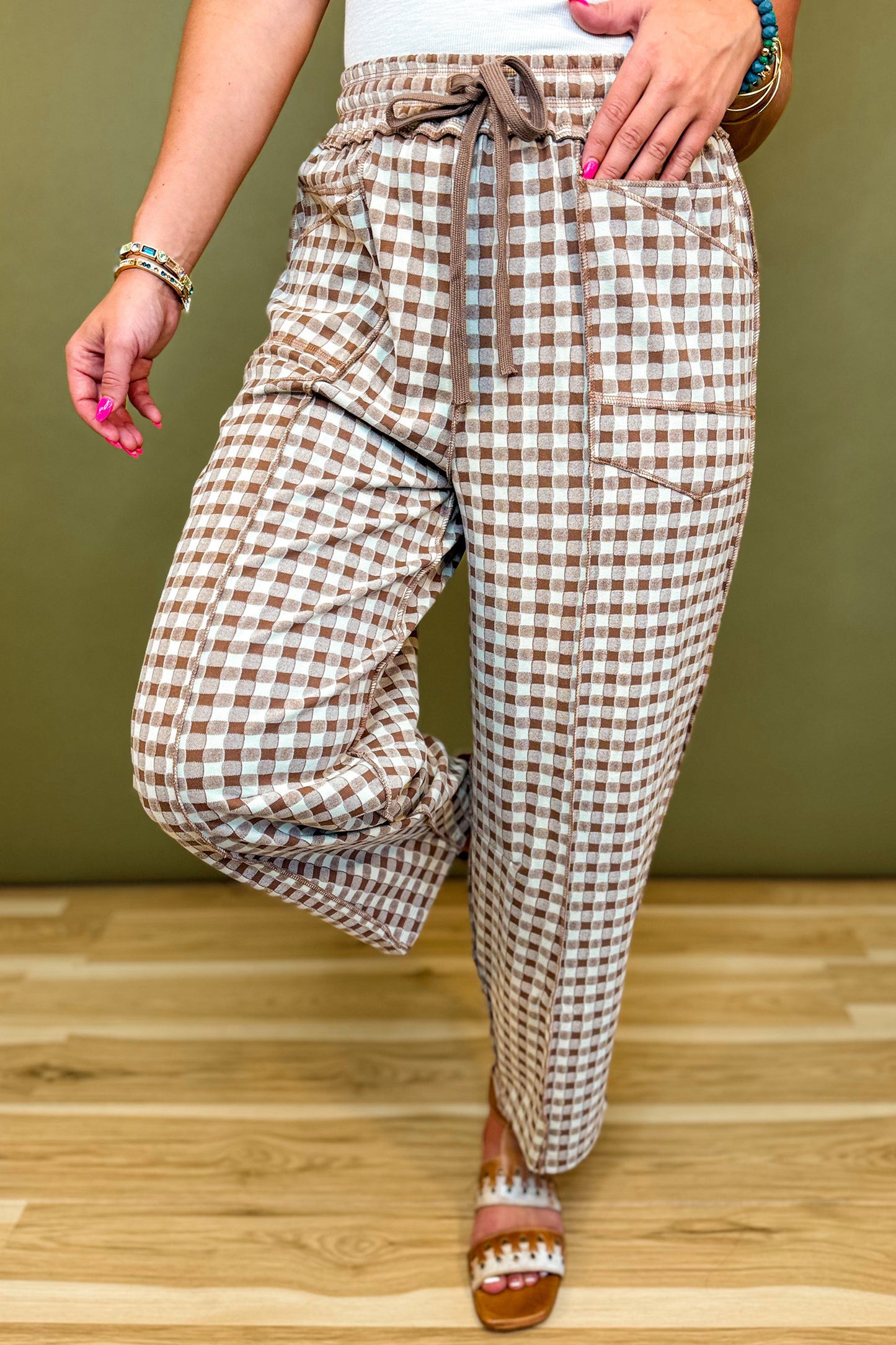 Green Plaid Contrast Trim Drawstring Elastic Waist Shift Pants