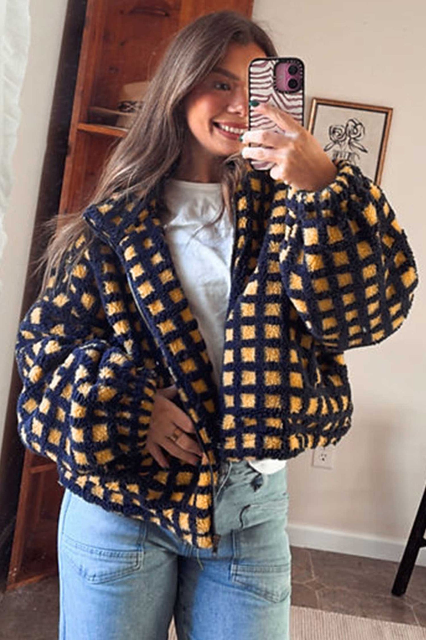 Blue Plaid Sherpa Fleece Zip Up Jacket