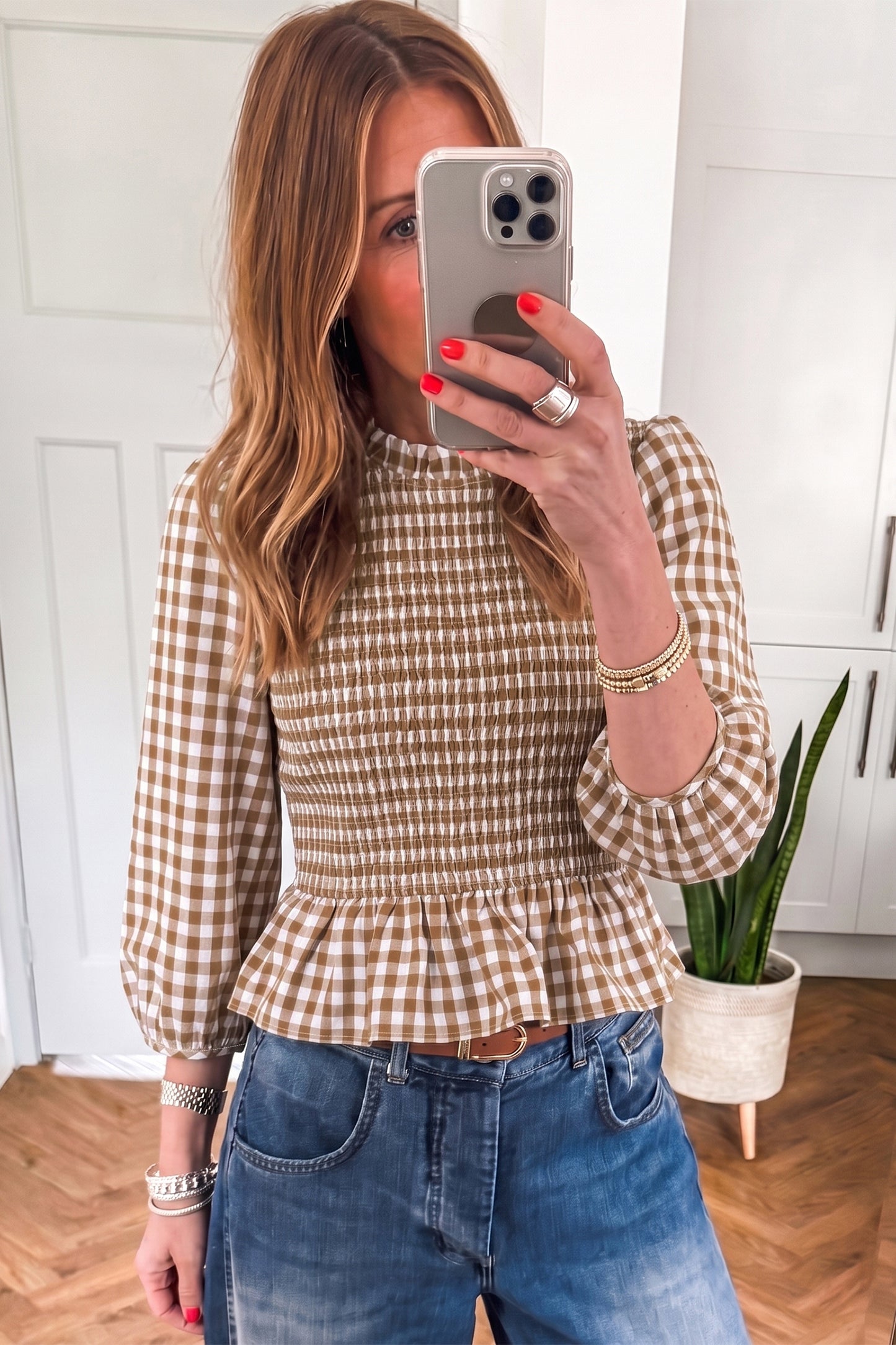 Green 3/4 Sleeve Shirred Plaid Peplum Top