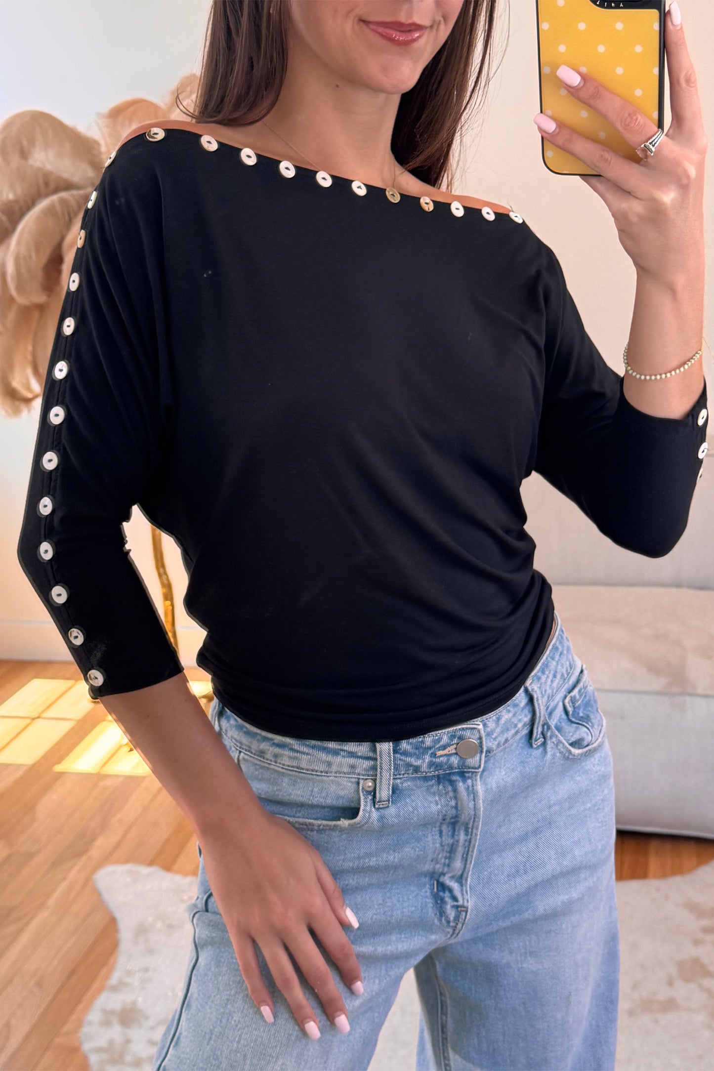 Black 3/4 Sleeve Button Detail Off Shoulder Top