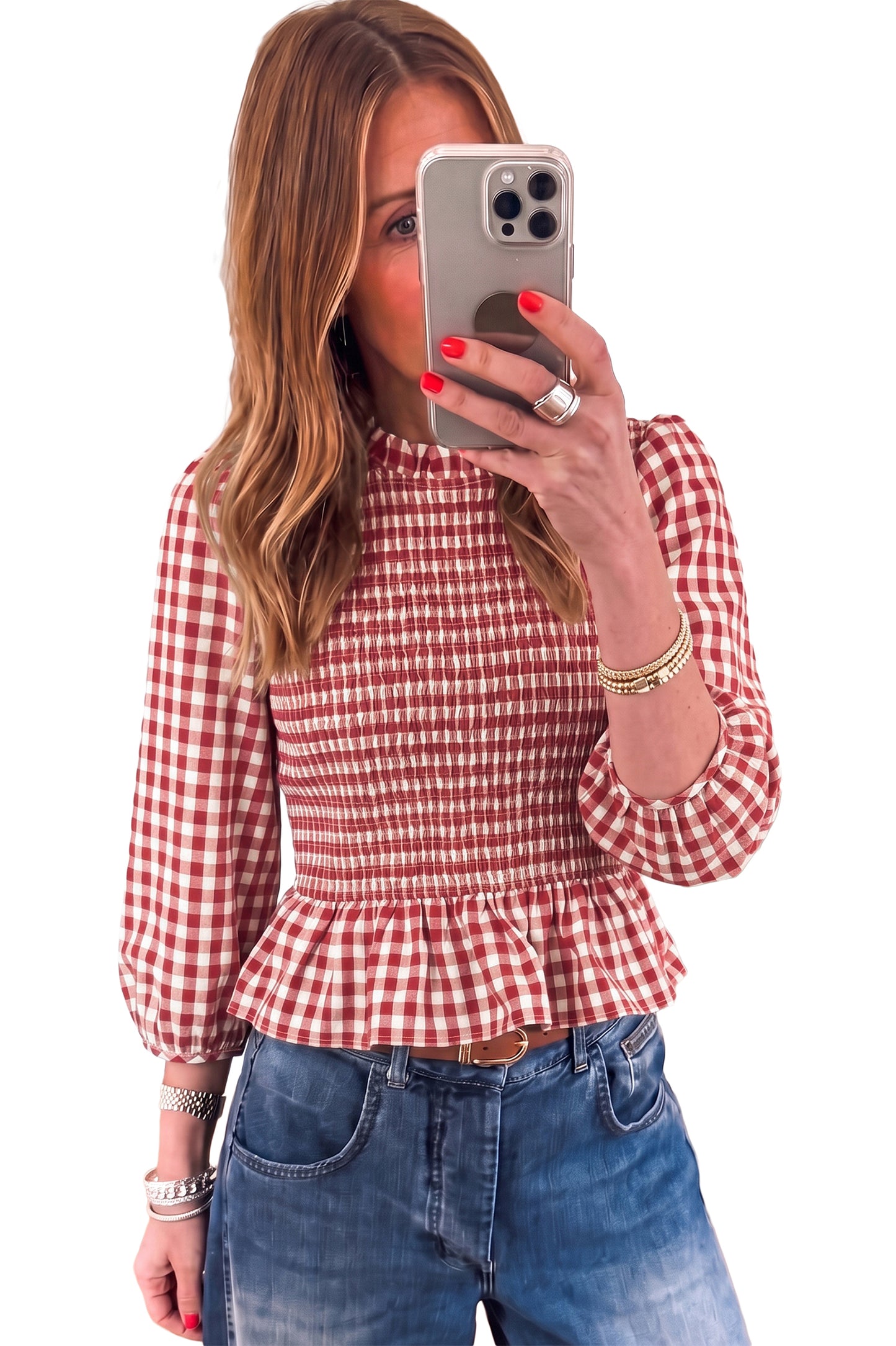 Green 3/4 Sleeve Shirred Plaid Peplum Top