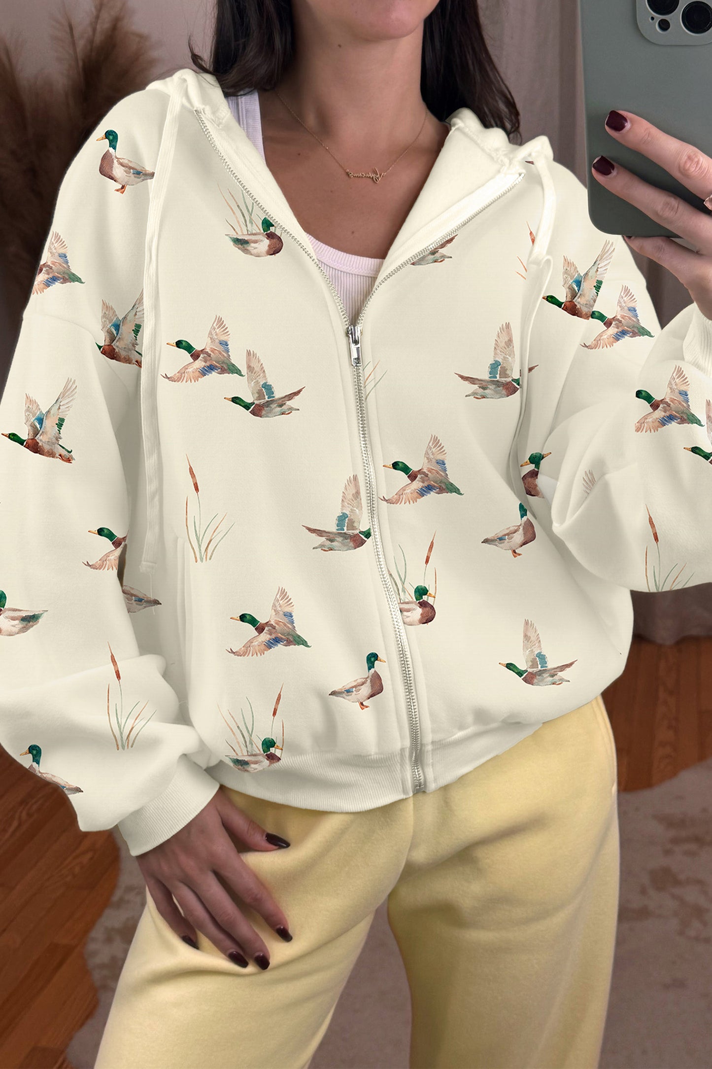 Beige Cozy Duck Print Zip-Up Hoodie