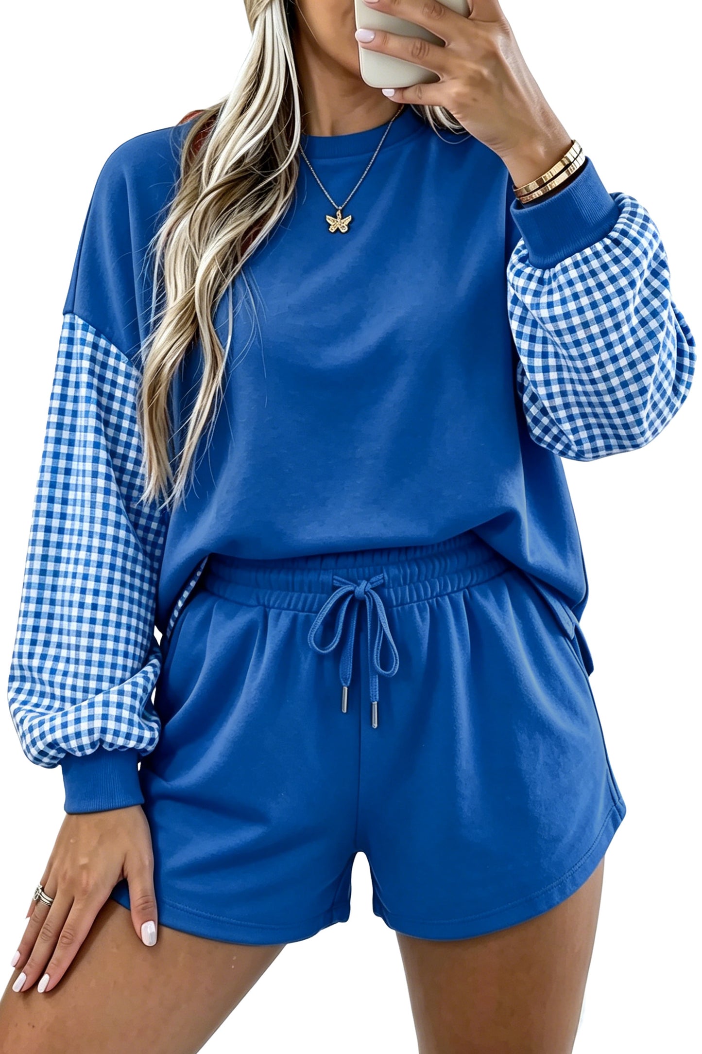 Blue Plaid Patchwork Long Sleeve Top Solid Drawstring Shorts Set