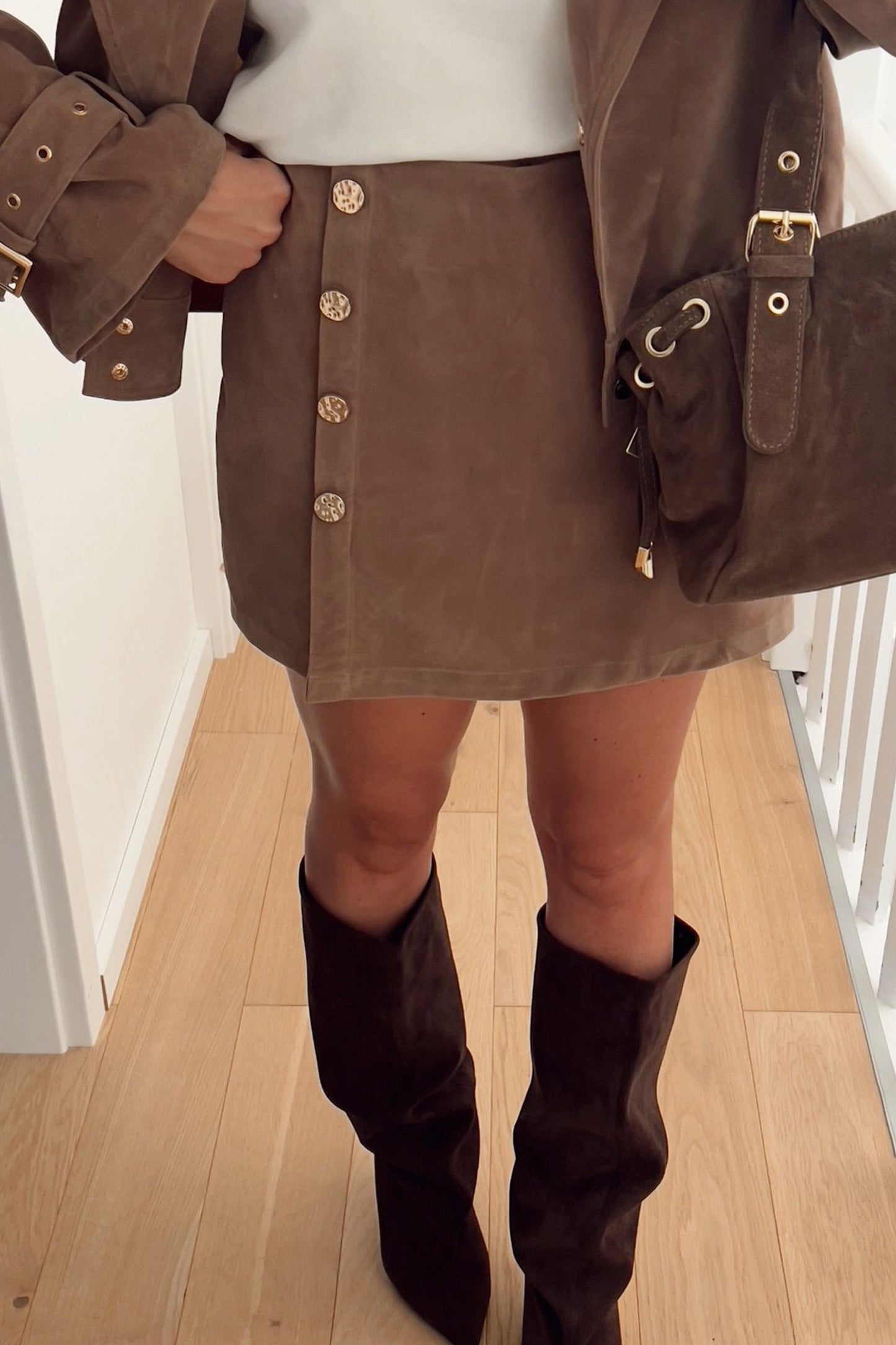 Dark Khaki Gold Button Asymmetric Wrapped Detail Mini Skirt