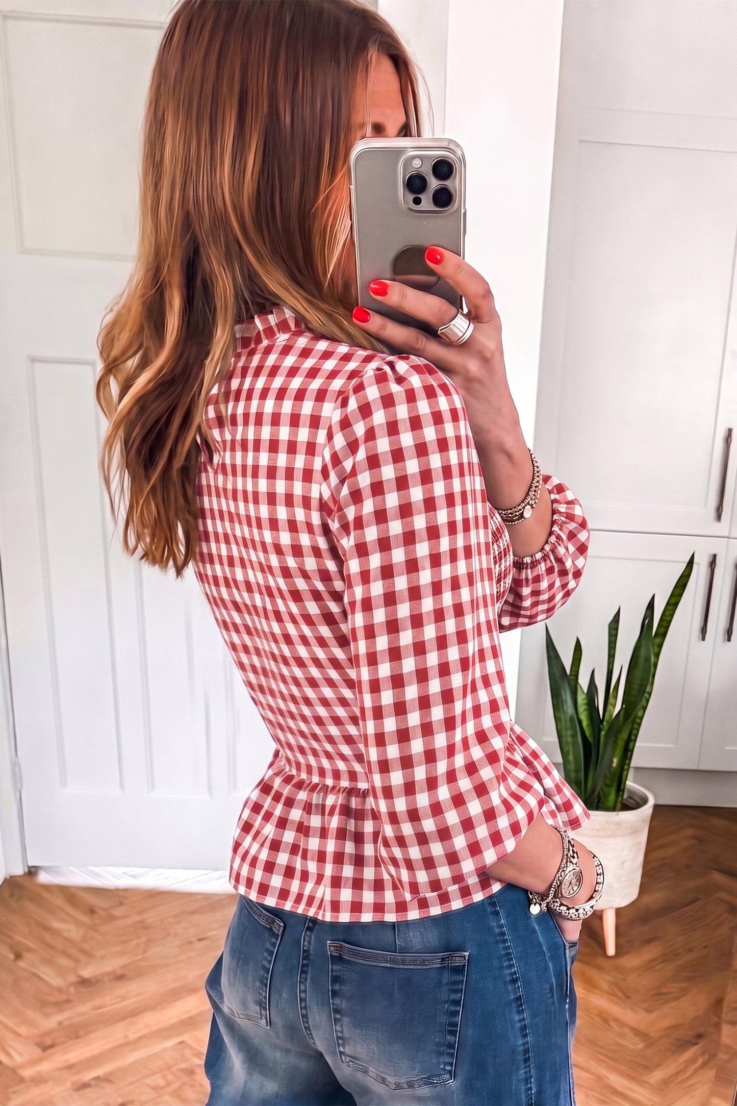 Green 3/4 Sleeve Shirred Plaid Peplum Top