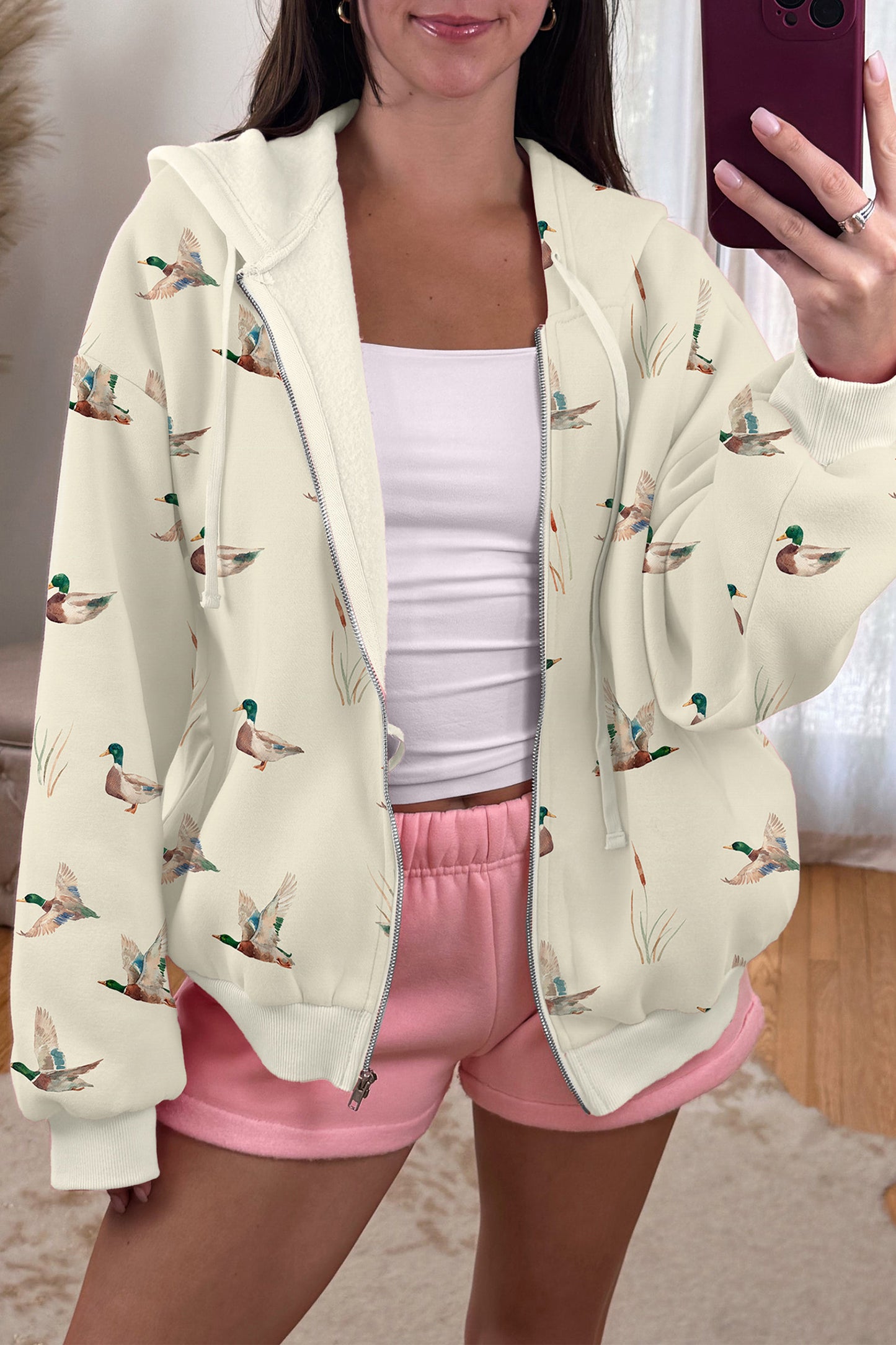 Beige Cozy Duck Print Zip-Up Hoodie