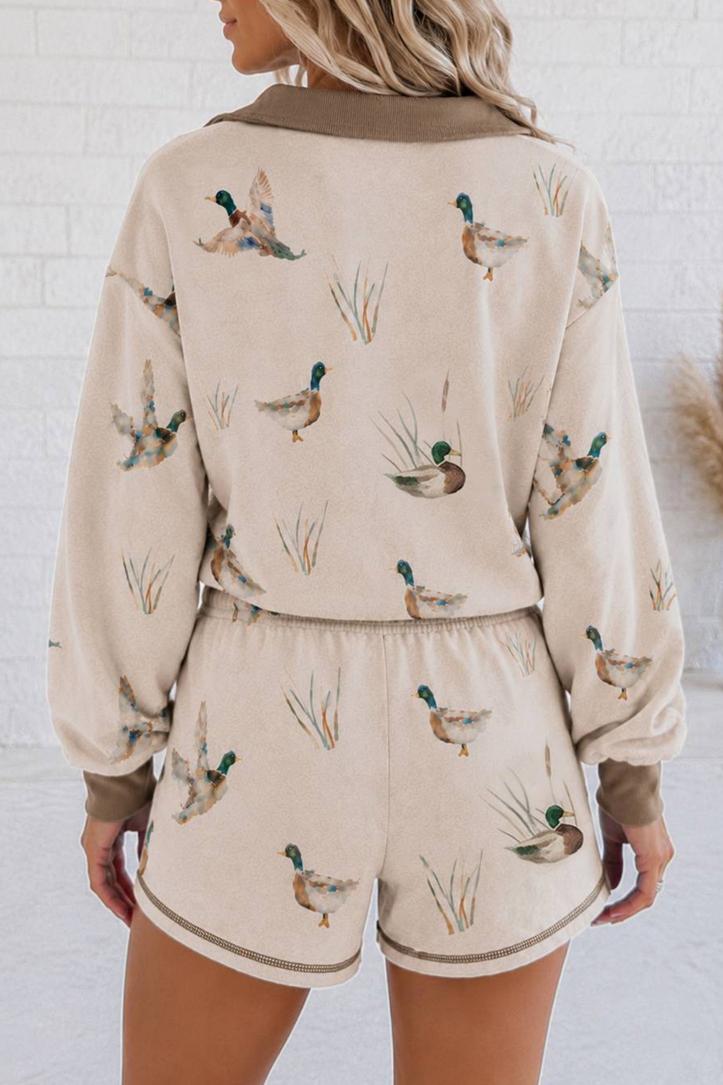 Khaki Mallard Print Color Block Patchwork Zip Pullover and Shorts Set