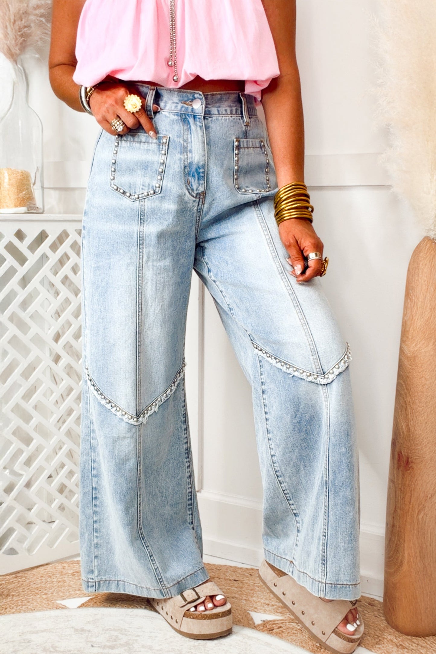 Beau Blue Frayed Studded Detail Wide Leg Pocketed Jeans