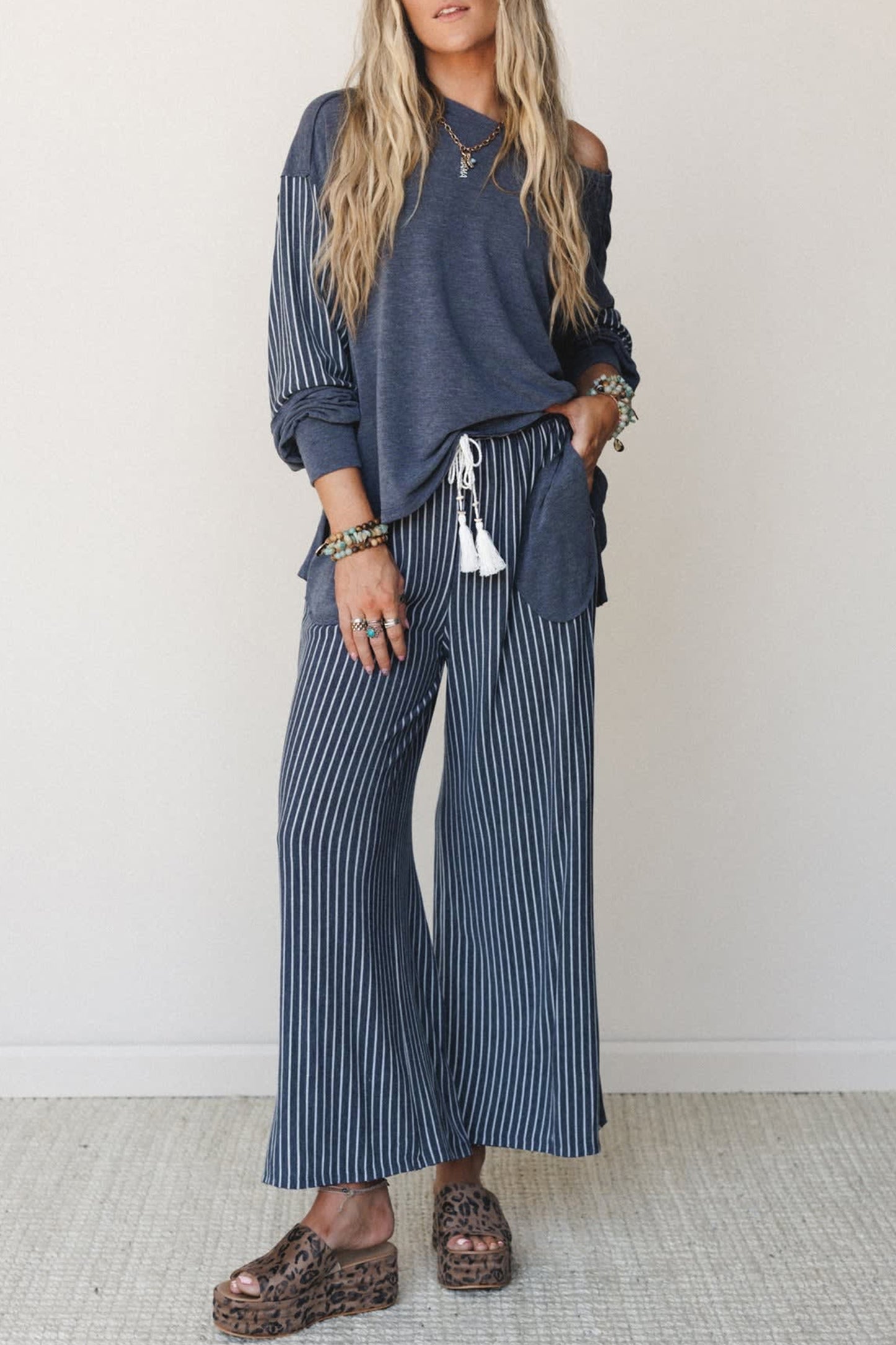 Fushia Raw Seam Patchwork Long Sleeve Top Pocket Casual Pants 2pcs Set