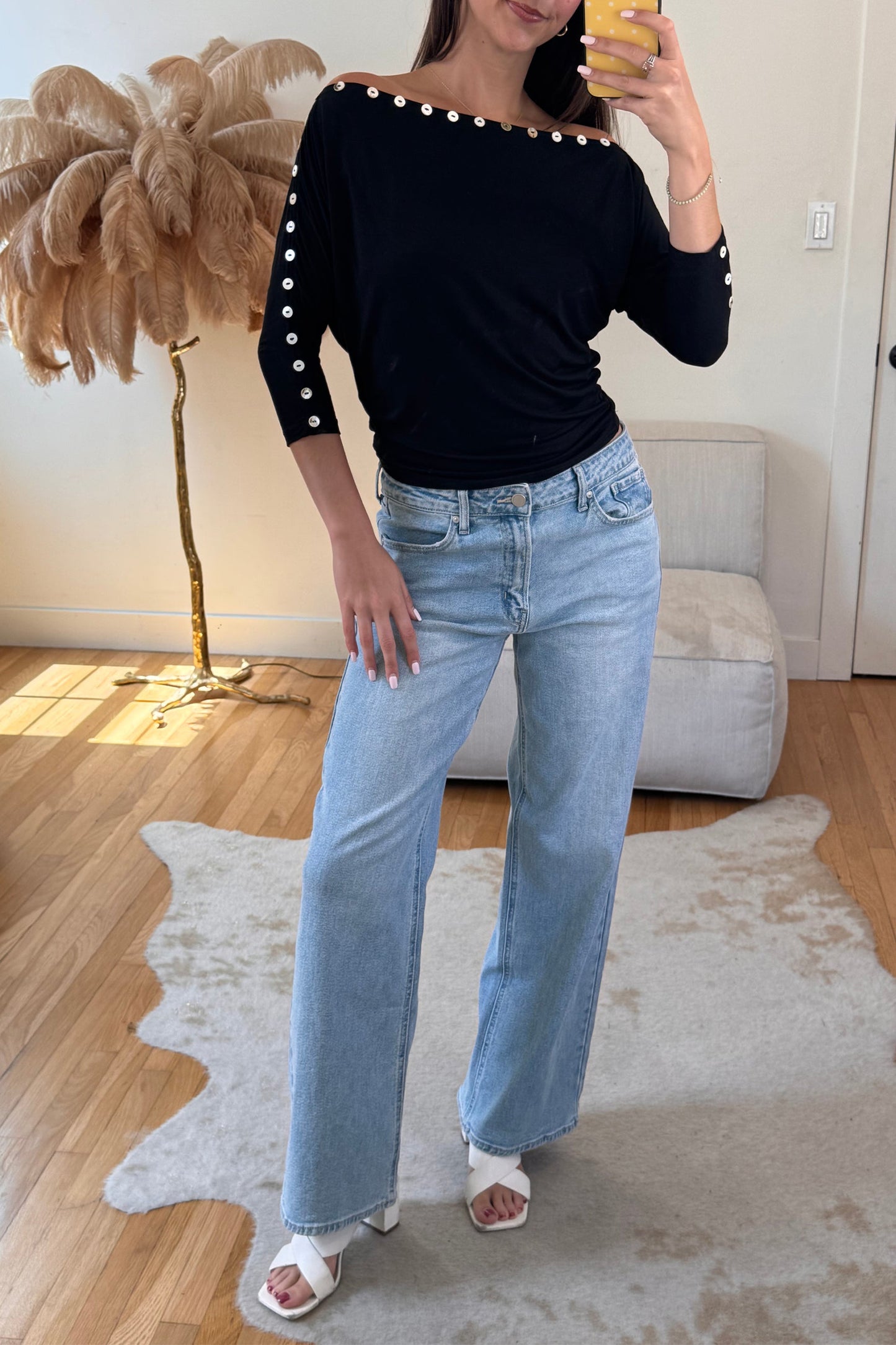 Black 3/4 Sleeve Button Detail Off Shoulder Top