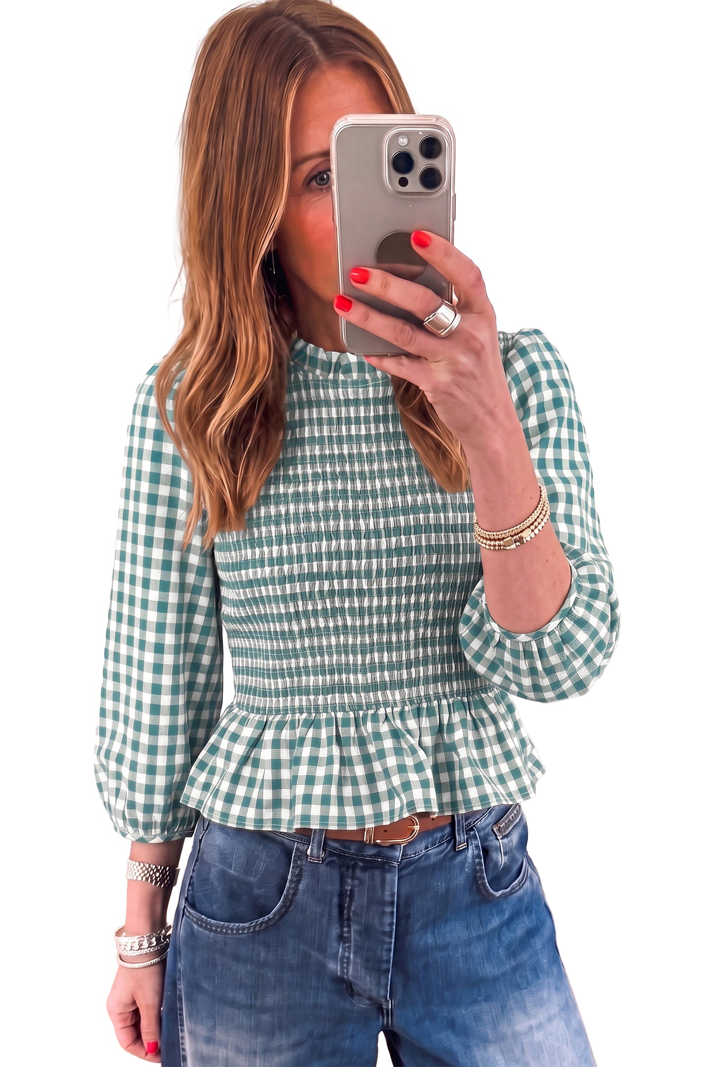 Green 3/4 Sleeve Shirred Plaid Peplum Top