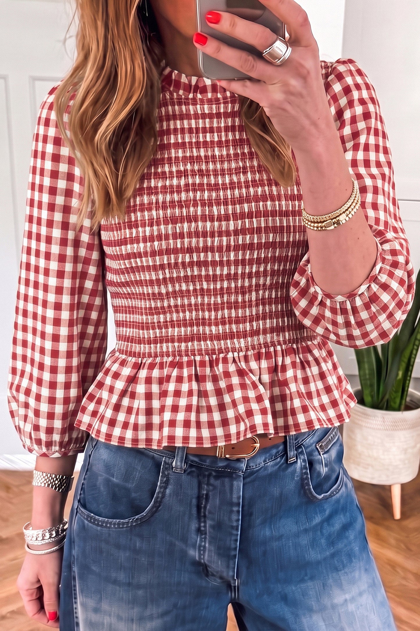 Green 3/4 Sleeve Shirred Plaid Peplum Top