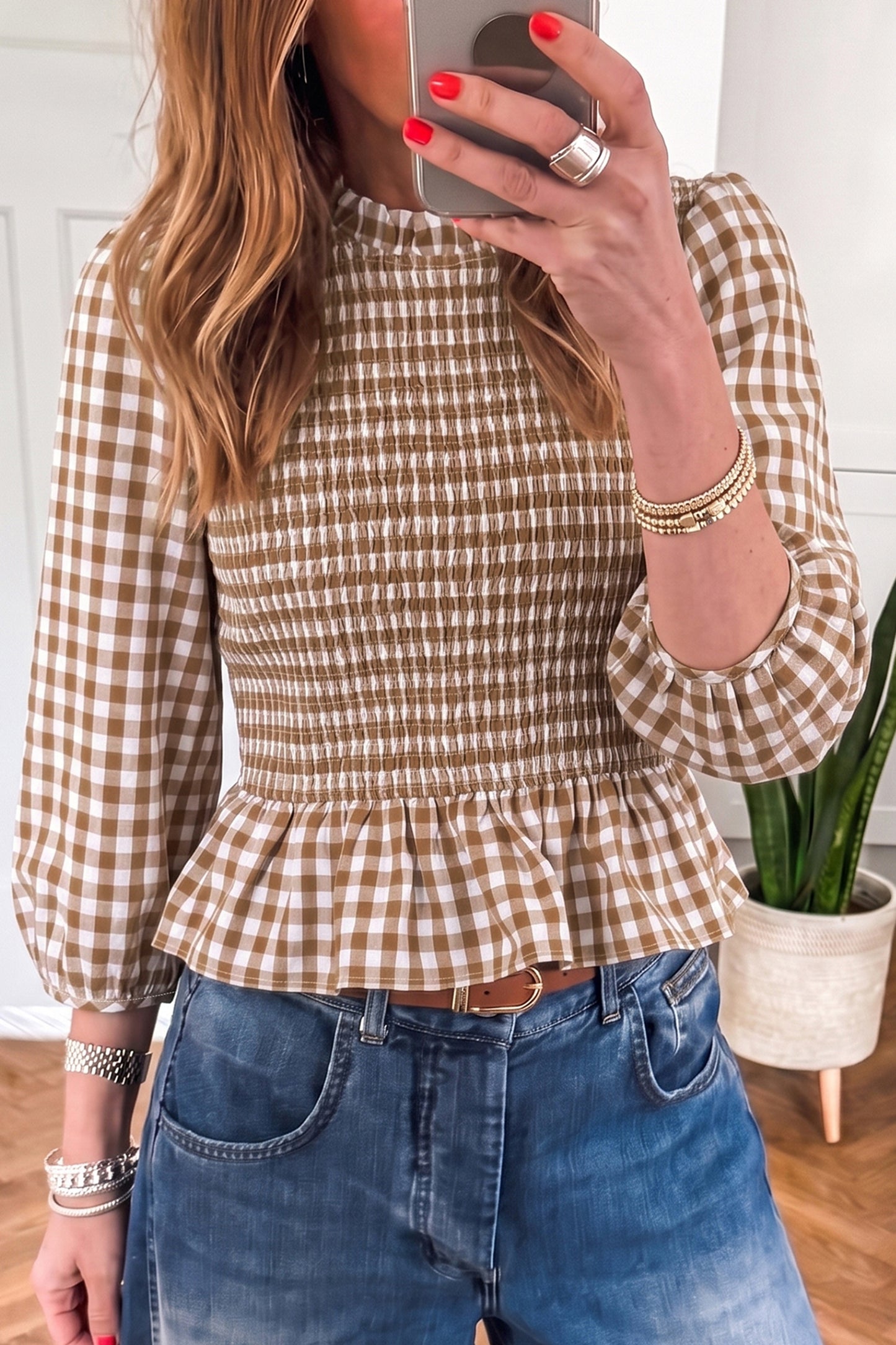 Green 3/4 Sleeve Shirred Plaid Peplum Top