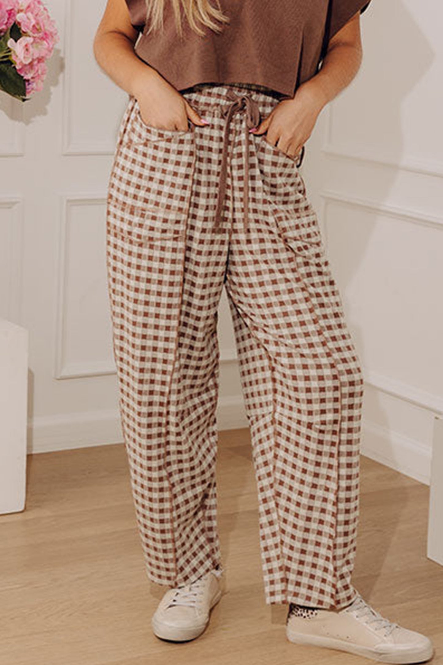 Green Plaid Contrast Trim Drawstring Elastic Waist Shift Pants