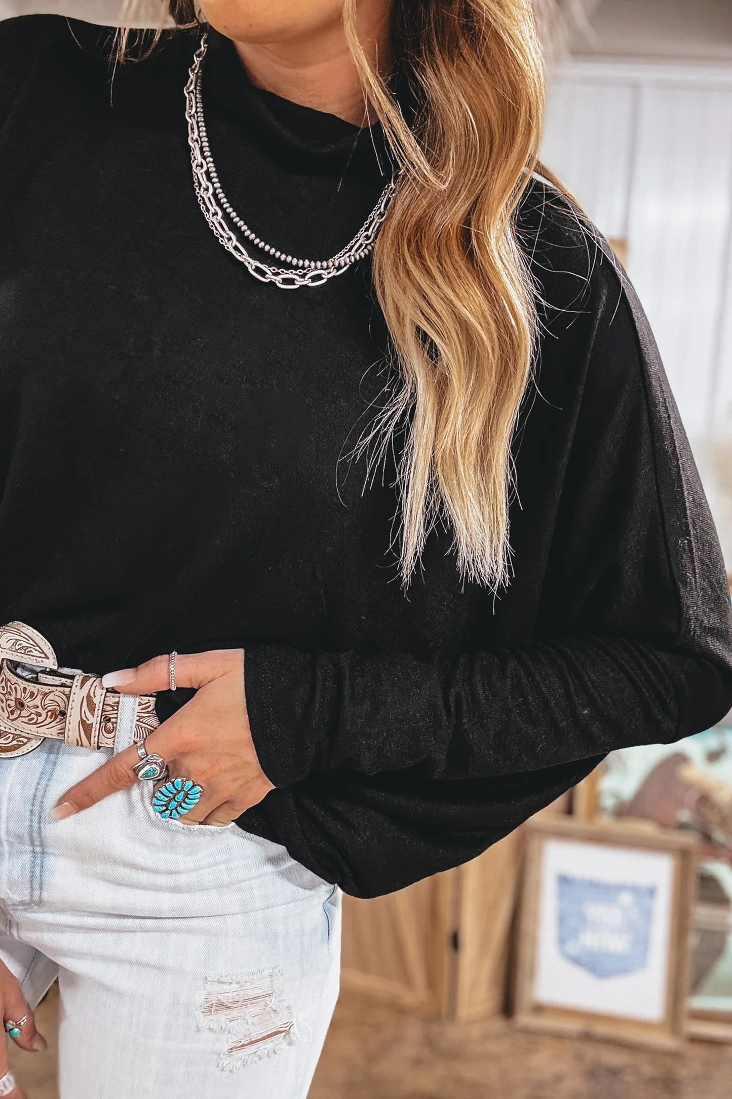 Black High Neck Long Sleeve Top