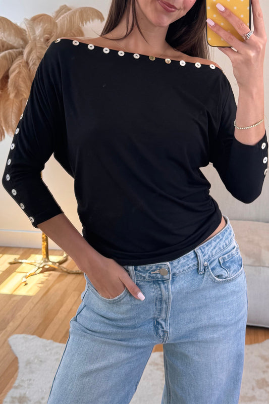 Black 3/4 Sleeve Button Detail Off Shoulder Top