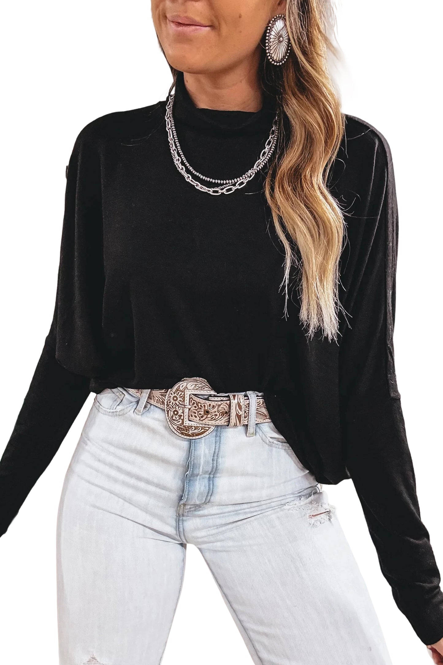 Black High Neck Long Sleeve Top