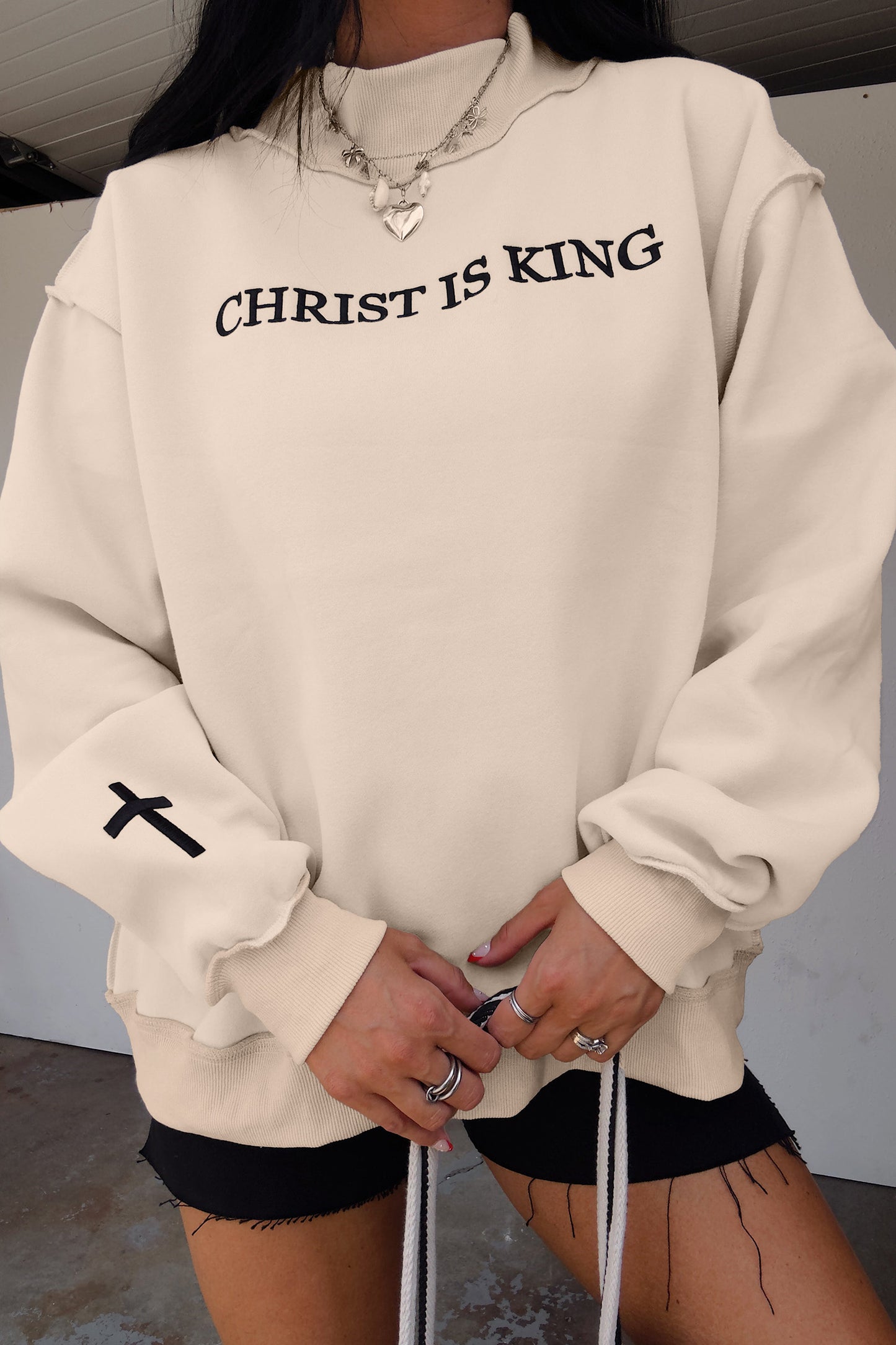 Black CHRIST IS KING Embroidery High Neck Baggy Sweatshirt