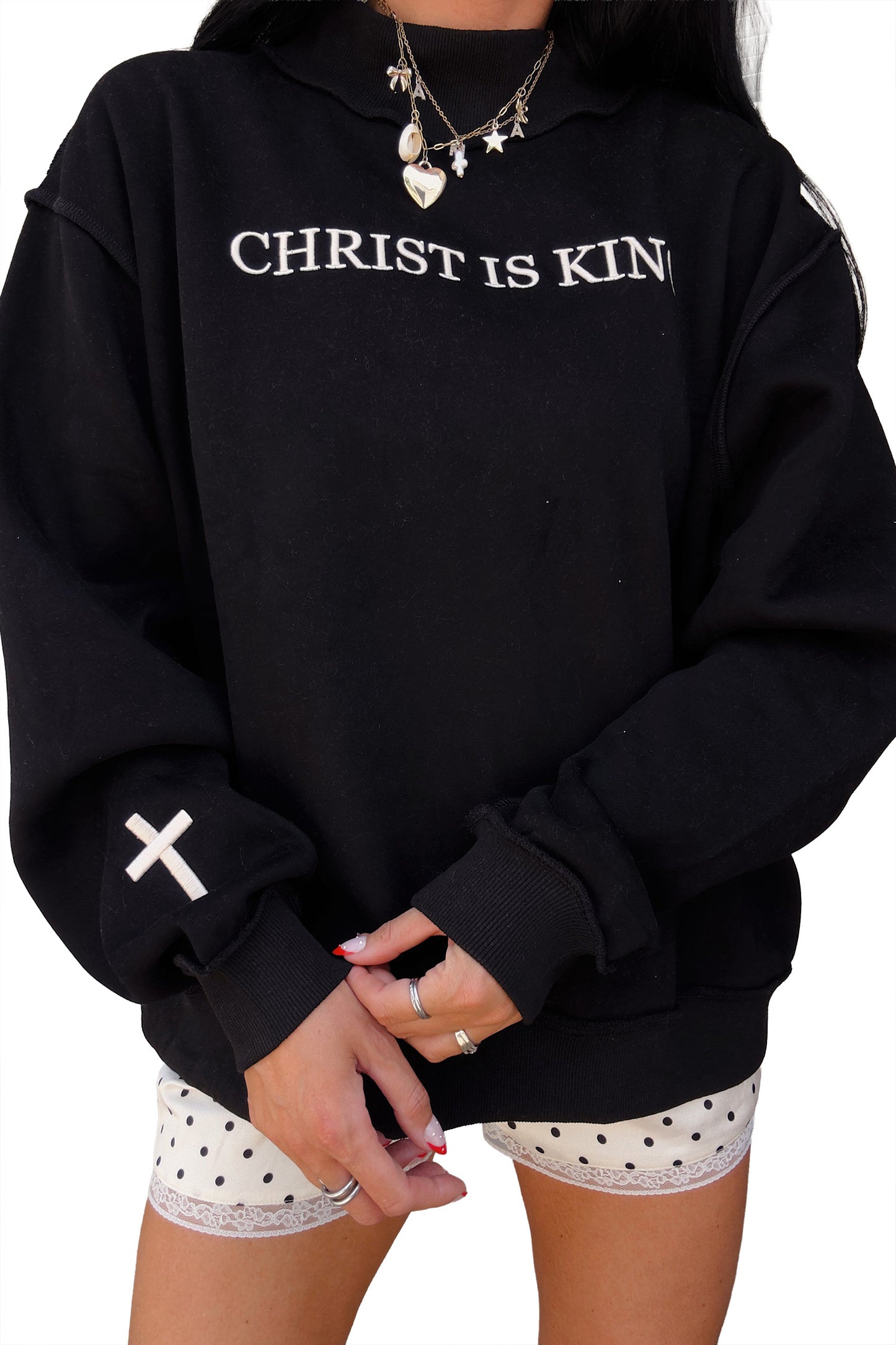 Black CHRIST IS KING Embroidery High Neck Baggy Sweatshirt