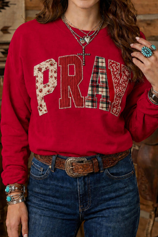 Racing Red Floral Buffalo Plaid Striped Embroidered Patch Western Pullover Sweatshirt