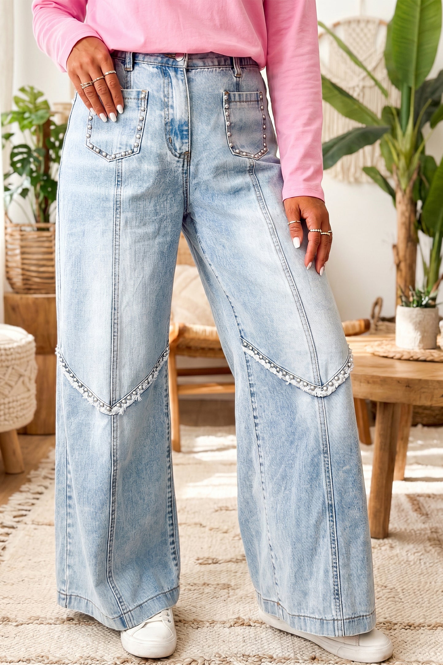 Beau Blue Frayed Studded Detail Wide Leg Pocketed Jeans