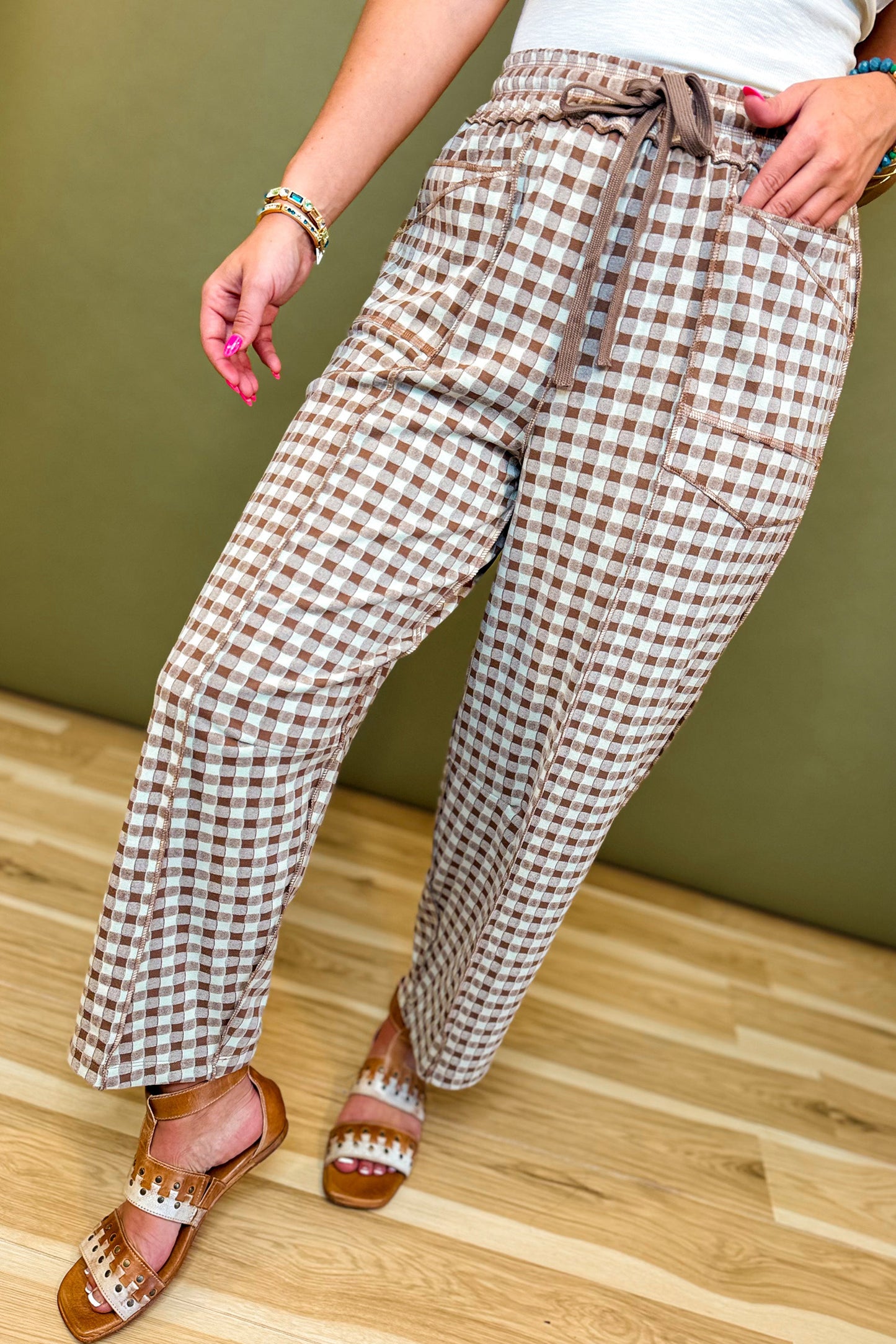 Green Plaid Contrast Trim Drawstring Elastic Waist Shift Pants