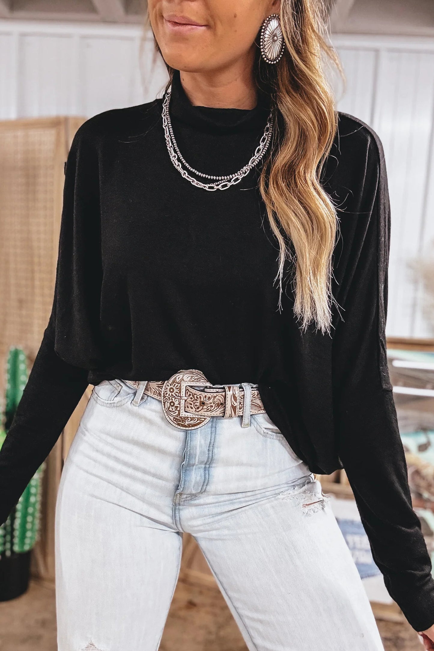 Black High Neck Long Sleeve Top