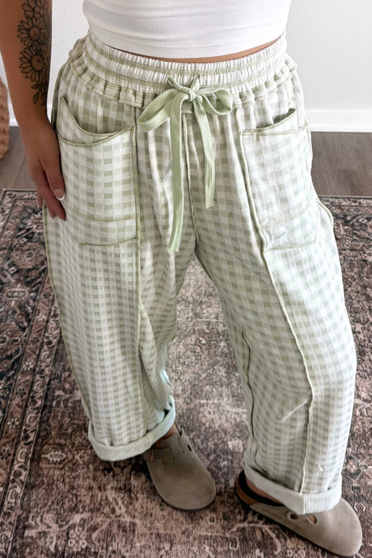 Green Plaid Contrast Trim Drawstring Elastic Waist Shift Pants